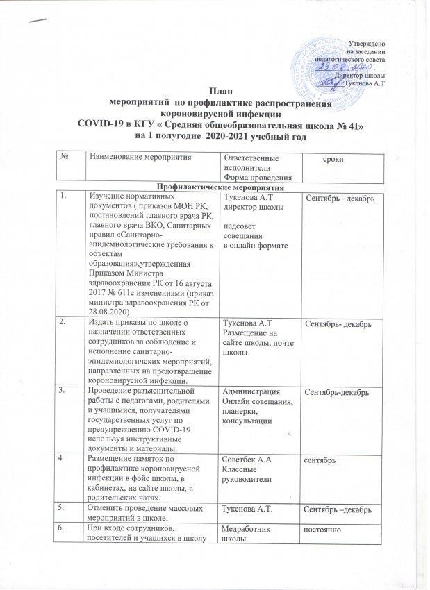 План мероприятий по профилактике распространения коронавирусной инфекции в КГУ СОШ №41