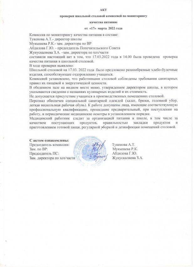 Акт проверки школьной столовой комиссец по мониторингу качества питанию