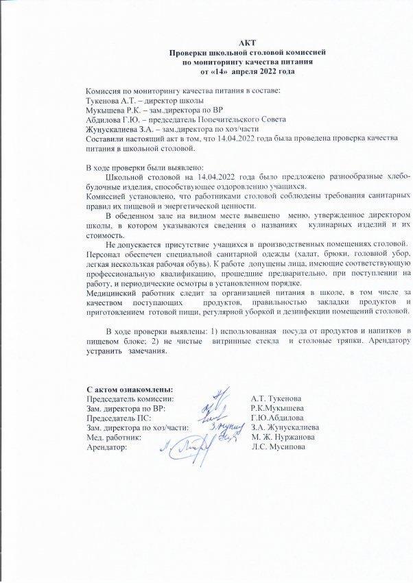 Акт проверки школьной столовой комиссией по мониторингу качества питания от 14.04.2022г