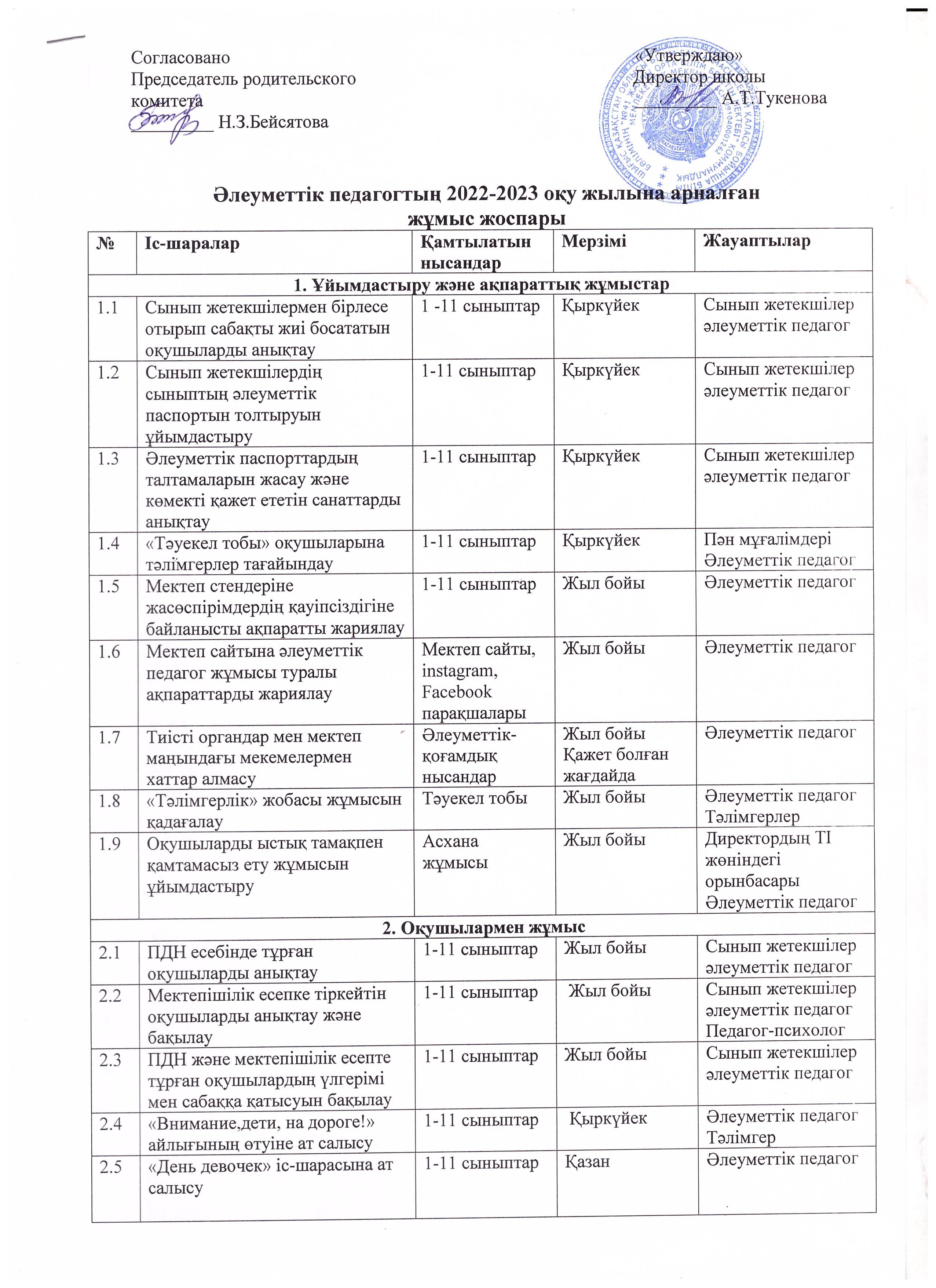 Әлеуметтік педагогтың 2022-2023 оқу жылына арналған жұмыс жоспары